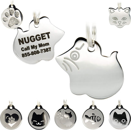 Stainless Steel Cat ID Tags - Engraved Personalized Cat Tags includes up to 4 Lines of Text with Mouse Shape
