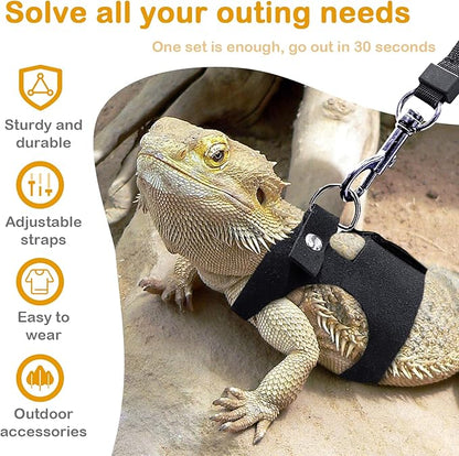 Bearded Dragon Leash and Harness Set - 3-Size Adjustable Soft Leather Vest with Retractable Leash, Easy-Wear Design (Black, 3M)