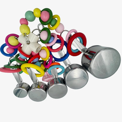 Metallic Pots and Multicolored Ring Strings Toys, Pullable 5 Stainless Steel Cups and Wooden Ring Toys for Large and Extra Large Parrot Amazons Macaws African Greys Cockatoos Eclectus