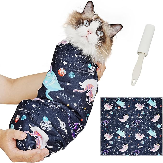 Supet Cat Grooming Wrap for Cutting Nails, 2025 Self-Adherent Cat Wrap, Anti-Escape Calming Cat Swaddle Wrap for Medicine, Nail Clipping, Teeth Brushing, Ear Cleaning (Space, L)