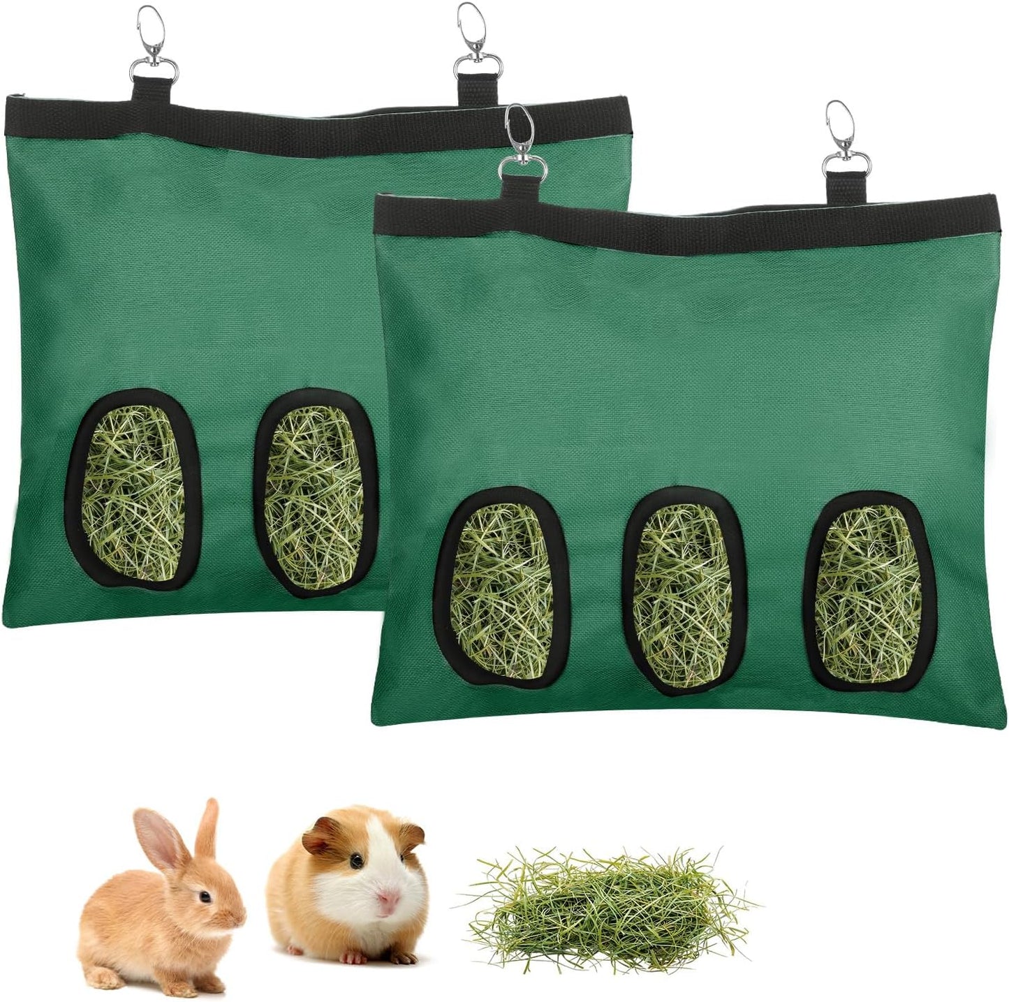 2 Pcs Rabbit Hay Feeder,Guinea Pig Hay Feeder,13×10.8 Inch Guinea Pig Bag,Small Animal Feeding Bag for Rabbits, Hamsters, Hedgehogs(3 Holes,Green)