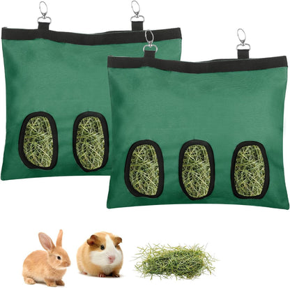 2 Pcs Rabbit Hay Feeder,Guinea Pig Hay Feeder,13×10.8 Inch Guinea Pig Bag,Small Animal Feeding Bag for Rabbits, Hamsters, Hedgehogs(3 Holes,Green)
