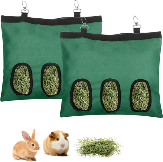 2 Pcs Rabbit Hay Feeder,Guinea Pig Hay Feeder,13×10.8 Inch Guinea Pig Bag,Small Animal Feeding Bag for Rabbits, Hamsters, Hedgehogs(3 Holes,Green)
