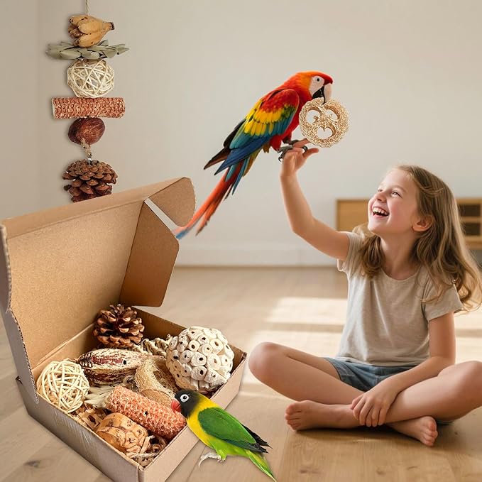 2 in 1 Parrot Toys, Tyotrbs Parakeet Foraging Box DIY Hanging String with Comes with 2 Hooks Bird Toy for Parakeets,Cockatiels,Conures,Love Birds Cage Accessories for Small to Medium Birds
