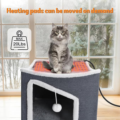 Heated Cat House for Indoor, Large Cat Bed with Heating Pad, Adjustable Temperature & Timing, with Fluffy Ball Hanging and Scratch Pad, Foldable Pet Hideaway for Small Medium and Large Cats（XL）