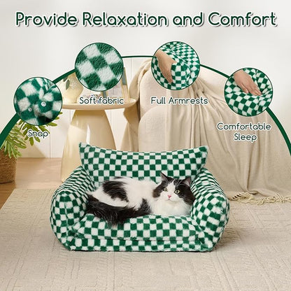 Hollypet Cat Bed Fluffy Plush Mutifuctional Double-Layer Soft Pet Couch Orthopedic Sofa Nest Beds for Small Cats and Dogs, Forest Green and White (25x20x13 inch)