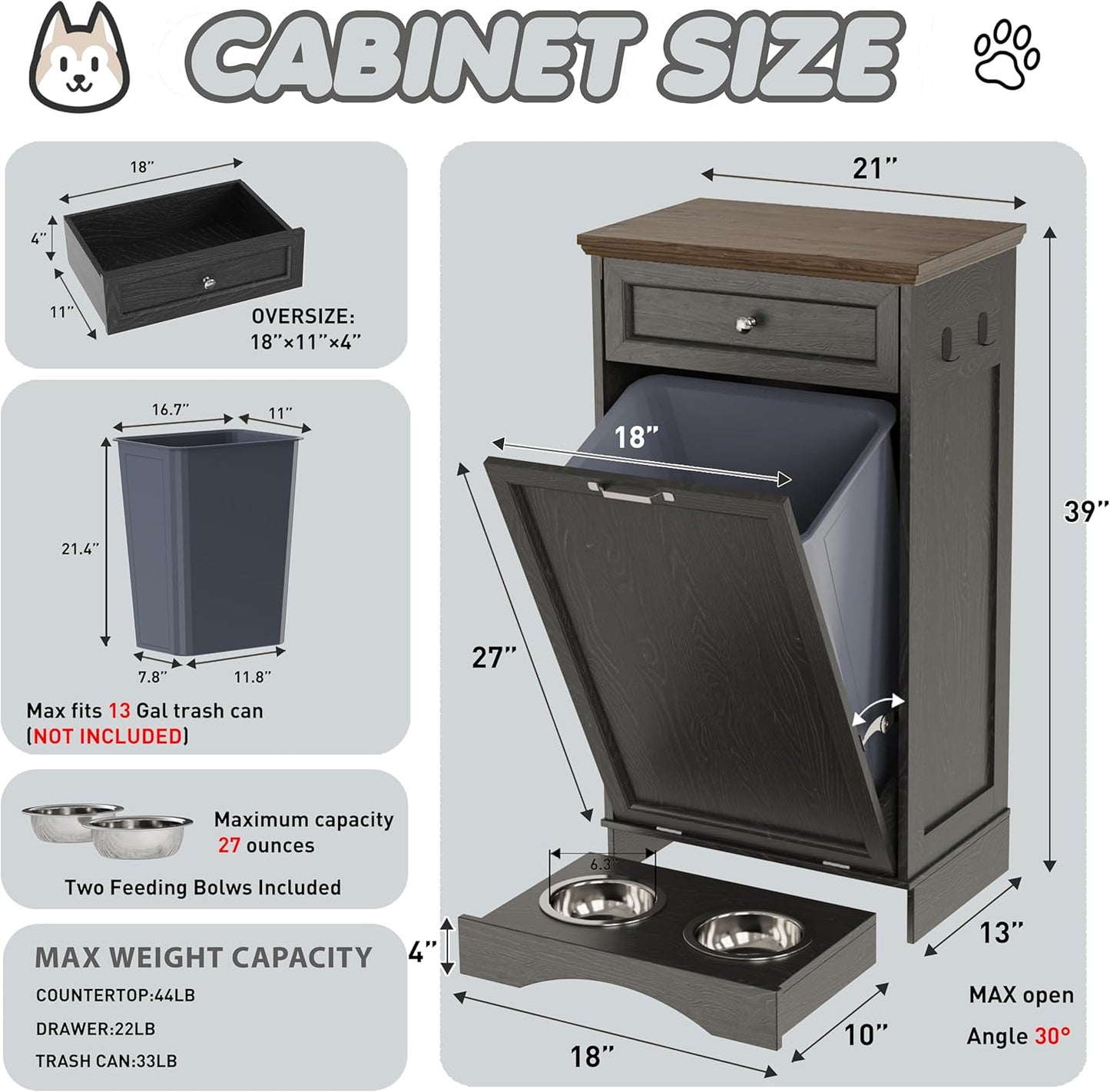 FIMELLO Dog Feeding Station, Tilt-Out Dog Food Storage Cabinet with Drawer,Pet Feeder Cabinet,Black Grain