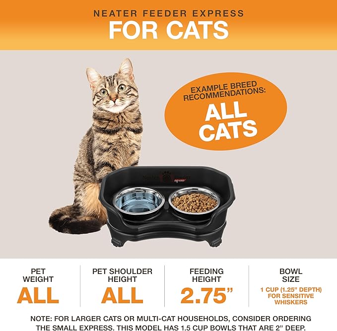 Neater Feeder Express Mess Proof Cat Bowls Elevated, No Spill Feeding Station, Stainless Steel Dishes for Food and Water, Raised Bowls for Indoor Cats, No Fatigue Whisker Friendly Dish, Black