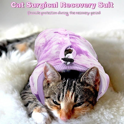 Nuanchu 3 Pieces Cat Recovery Suit Kitten Recovery Suit E-Collar Alternative for Cats and Dogs Abdominal Skin Anti Licking Pajama Clothes Sets(Small,Smudge Style,Purple Pink Blue)
