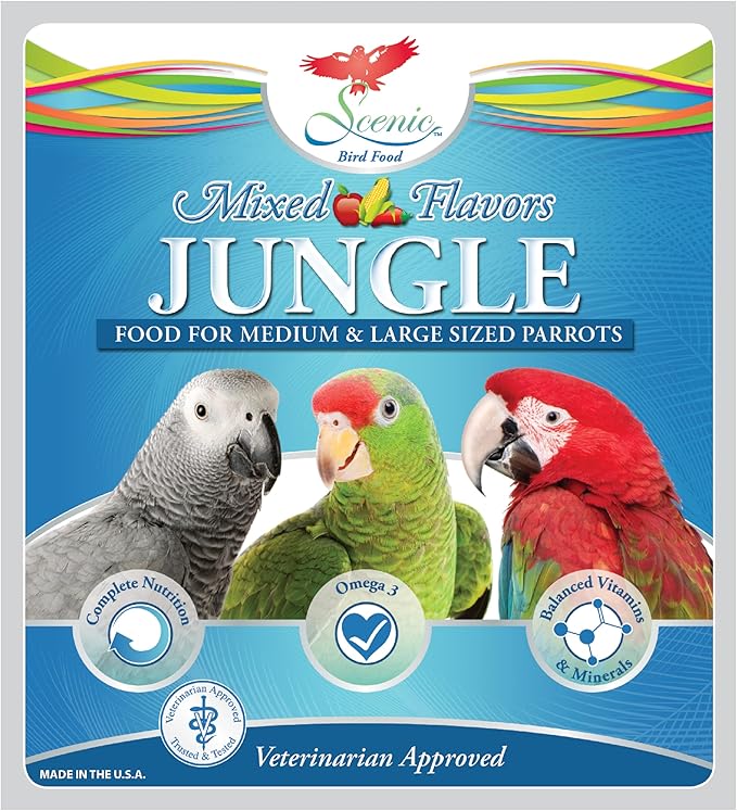 Scenic Mix Jungle Premium Parrot Food - Apple & Natural Flavors, High Protein, Low Iron Bird Pellets for Large Parrots, Macaw Food, Cockatoo, African Grey Parrots, Omega 3, Vitamins, Minerals, 2 LB