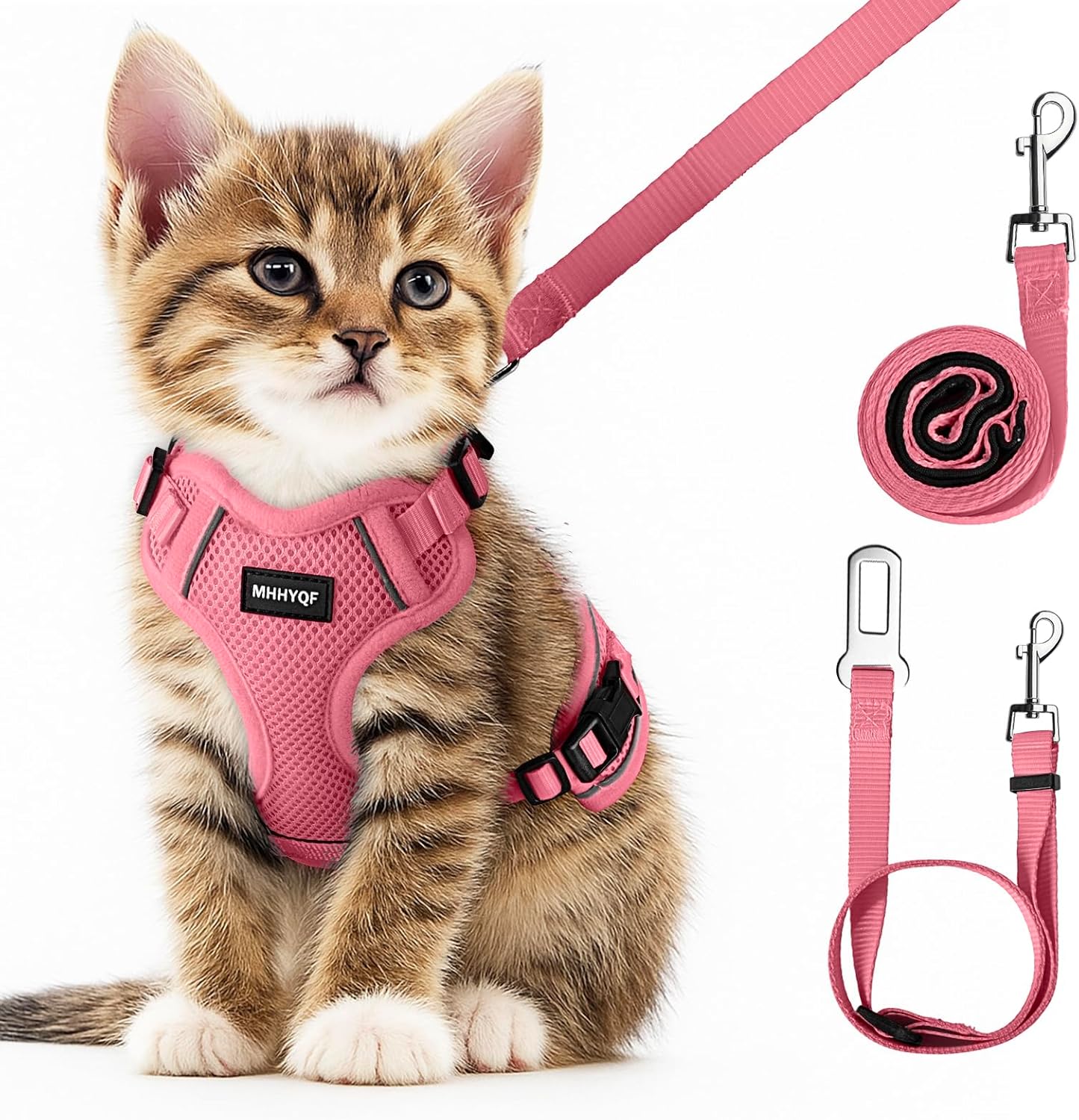 Cat Harness and Leash Set for Walking Escape Proof, Improved Four Place Adjustable Cat Car Harness, Soft Kittens Vest with Reflective Strip for Cats, Comfortable Outdoor Vest, Pink, XS