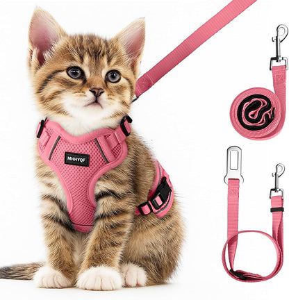 Cat Harness and Leash Set for Walking Escape Proof, Improved Four Place Adjustable Cat Car Harness, Soft Kittens Vest with Reflective Strip for Cats, Comfortable Outdoor Vest, Pink, XS
