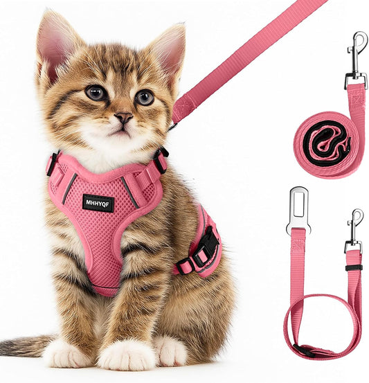 Cat Harness and Leash Set for Walking Escape Proof, Improved Four Place Adjustable Cat Car Harness, Soft Kittens Vest with Reflective Strip for Cats, Comfortable Outdoor Vest, Pink, XS