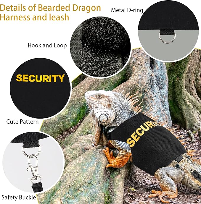Bearded Dragon Harness and Leash Set - Security-Style Escape Proof Adjustable Reptile Lizard Vest with 5 ft Short Leash for Walking Outdoor (Costume Vest Design)