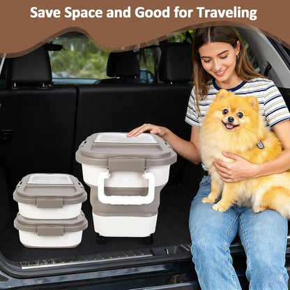 ShineMe 20Lbs Collapsible Pet Food Storage Container with Airtight Lid, Dog Food Storage Container with Measuring Scoop and Cup, Wheels & Handle for Easy Moving, Keep Dry Food Fresh (Khaki)
