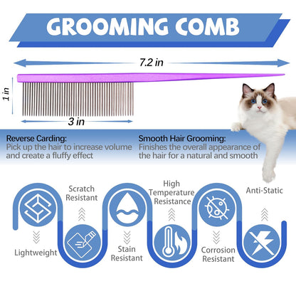 Grooming Pet Comb Rat Tail Dematting Cat and Dog Comb，Rounded Ends Design for Safe Tangle Removal, Hairstyling, Massage，Loose Hair Removal，Prevent Irritation，Fluffing Paws,Face,Tail,Remove Tear Stain