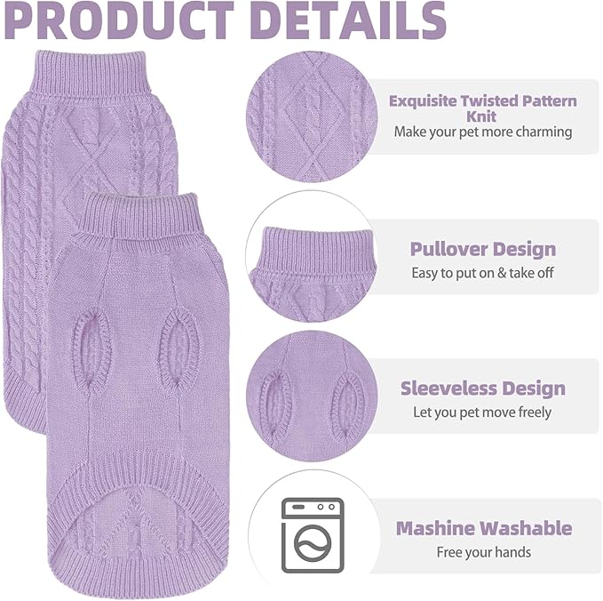 PUPTECK Winter Cat Sweater Coat - Soft Warm Cold Weather Clothes Knitwear for Kittens & Small Dogs Indoor Outdoor Wearing, Knitted Classic for Doggies Kitties Girls Boys, Light Purple, L