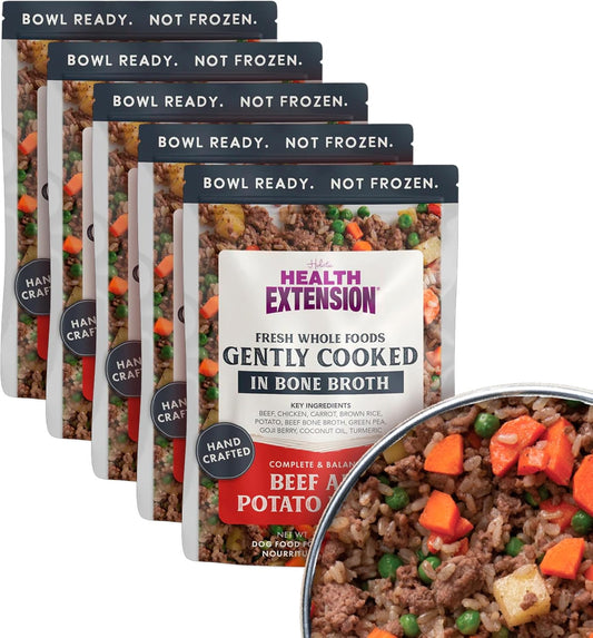 Health Extension Gently Cooked Beef & Potato Dog Food, Human-Grade and Shelf-Stable with Superfoods, Supports Digestion, Immunity, Skin & Coat, 9 oz Pouch (Pack of 5)