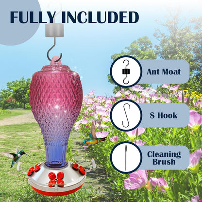 Hummingbird Feeder for Outdoors,17 OZ Glass Humming Bird Feeder for Garden,Backyard Decor,Four Flowers Feeding Ports,Leak Proof,Ant Moat Included,Humming Gifts for Women