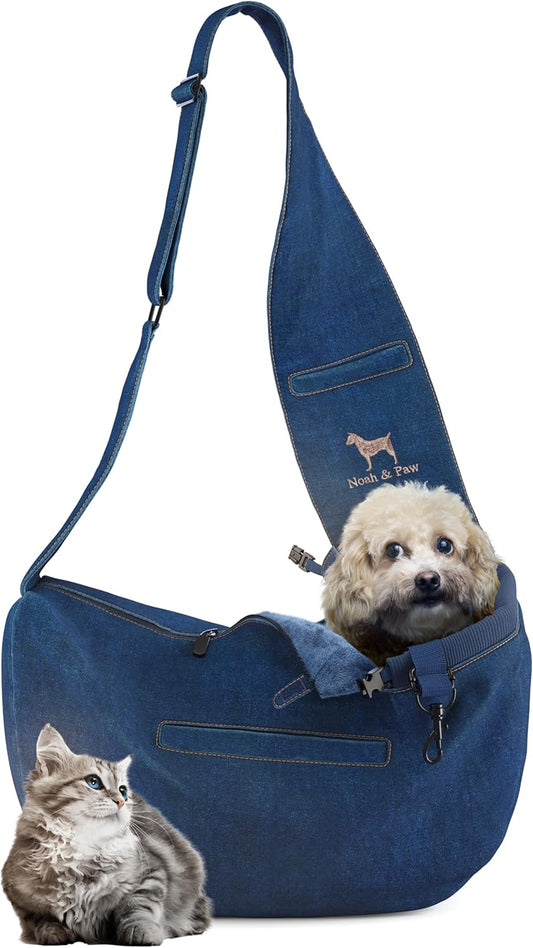 Noah & Paw Dog Sling Carrier for Small Dogs 3-10lb, Dog Sling for Small Dogs and Cats, Dog Carrier with Adjustable Padded Strap, Vegan Denim Lined with Fur, 3X Safety Features, Machine Washable