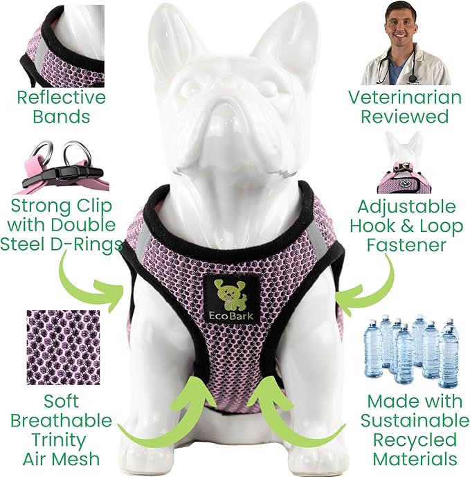 EcoBark Small Dog Harness for Small and Toy Breed Dogs & Puppies - No Pull Soft Luxury Mesh - Step in Harness Halter Vest - Cute Adjustable Little Halter Body Wrap 7-10 lbs (Small, Baby Pink)