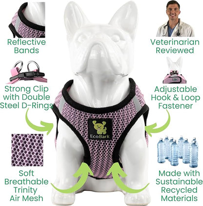 EcoBark Small Dog Harness for Small and Toy Breed Dogs & Puppies - No Pull Soft Luxury Mesh - Step in Harness Halter Vest - Cute Adjustable Little Halter Body Wrap 7-10 lbs (Small, Baby Pink)