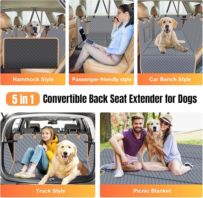 Dog Car Seat Cover for Back Seat, Dog Car Bed Cover with Strong Hard Bottom, Back Seat Extender Hammock for SUV Truck,4 Panels Gray Color