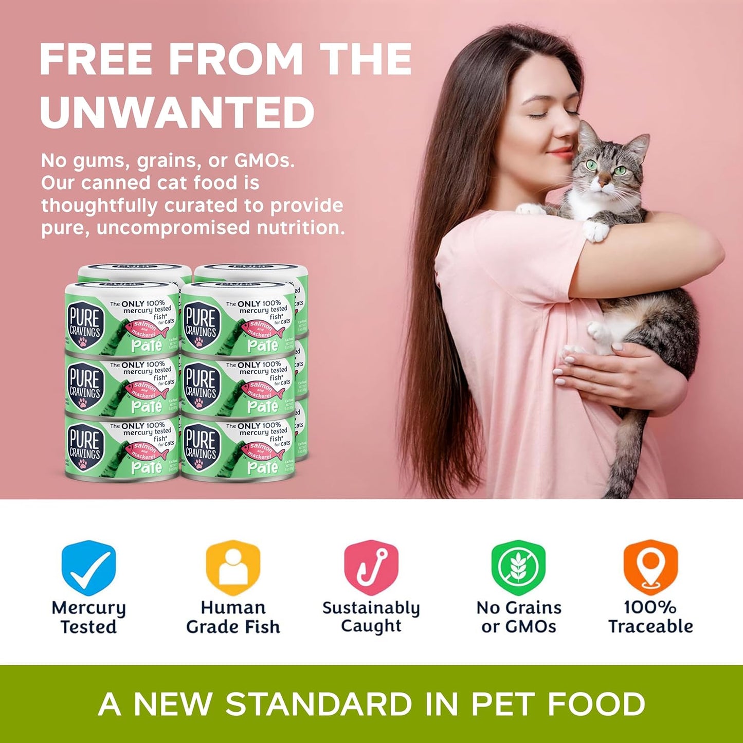 Pure Cravings Salmon and Mackerel Pate, Canned Wet Cat Food, 100% Mercury-Tested, Moist Can Fish, Grain-Free Protein, Non-GMO, 12 Pack