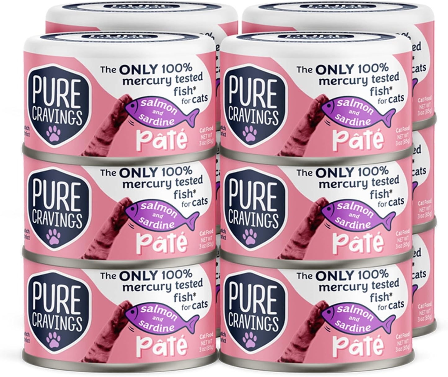 Pure Cravings Salmon and Sardine Pate, Canned Wet Cat Food, 100% Mercury-Tested, Moist Can Fish, Grain-Free Protein, Non-GMO, 12 Pack