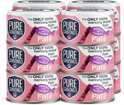 Pure Cravings Salmon and Sardine Pate, Canned Wet Cat Food, 100% Mercury-Tested, Moist Can Fish, Grain-Free Protein, Non-GMO, 12 Pack