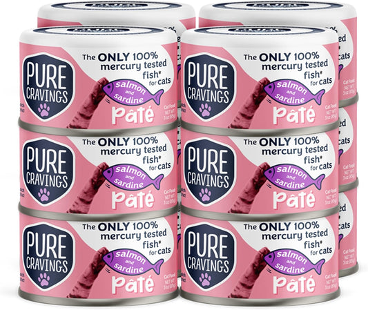 Pure Cravings Salmon and Sardine Pate, Canned Wet Cat Food, 100% Mercury-Tested, Moist Can Fish, Grain-Free Protein, Non-GMO, 12 Pack