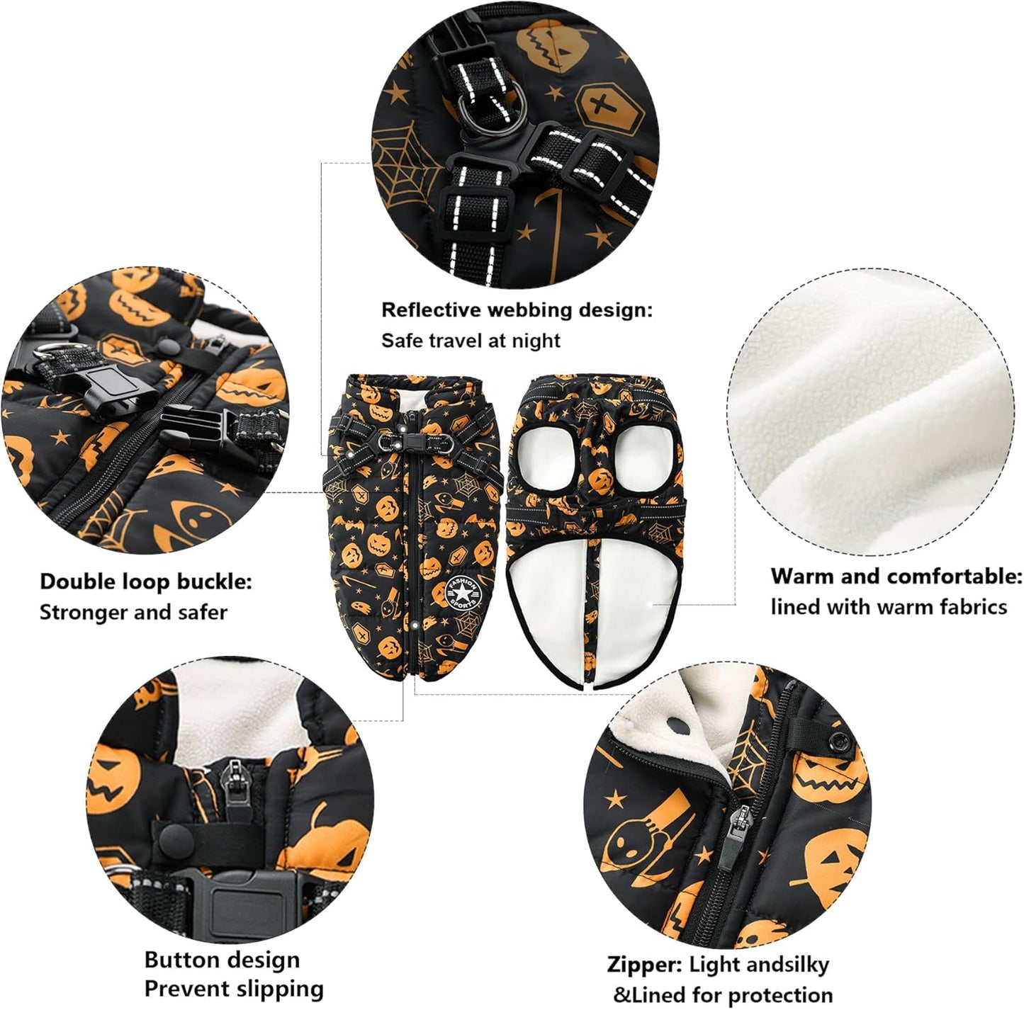 Aiboria Winter Dog Coat Windproof Fleece Jacket with Chest Strap Dog Vest Harness Halloween Black M