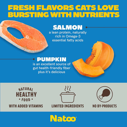 NATOO Cat Food Topper for Picky Eaters & Healthy Soft Cat Treat (Salmon & Pumpkin), Wet Food with Gravy, High Protein & Limited Ingredient, 2.4 oz (Case of 20)