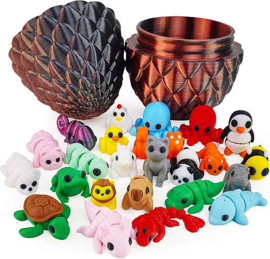 25 pcs Mini 3D Printed Animal Figurines Set with Dragon Egg: Articulated, Flexible, and Exquisitely Cute Fidget Toys for Play and Display for Valentine's Day, Easter, Bithday