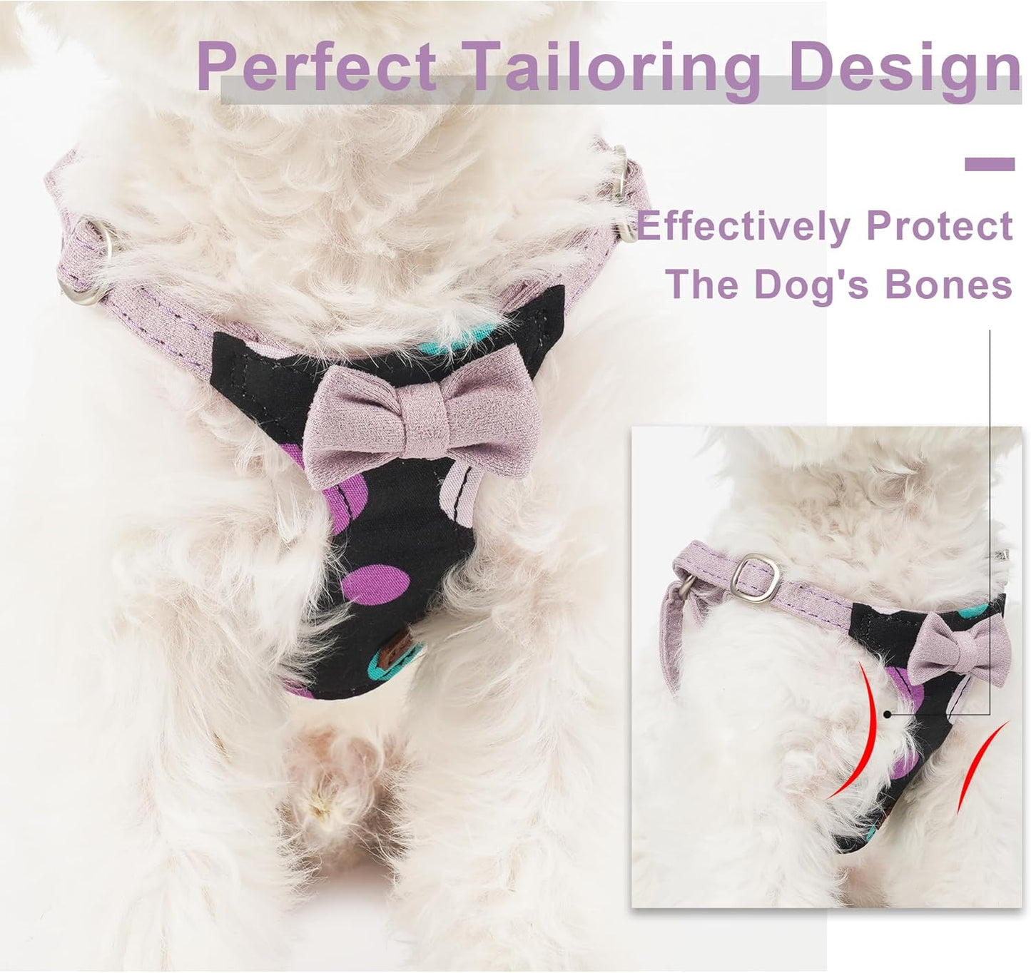 Puppytie No Pull Dog Harness with Multifunction Dog Leash,Soft Adjustable No Choke Escape Proof Pet Harness Vest for Medium Dogs,Polka dots Taro Purple,M