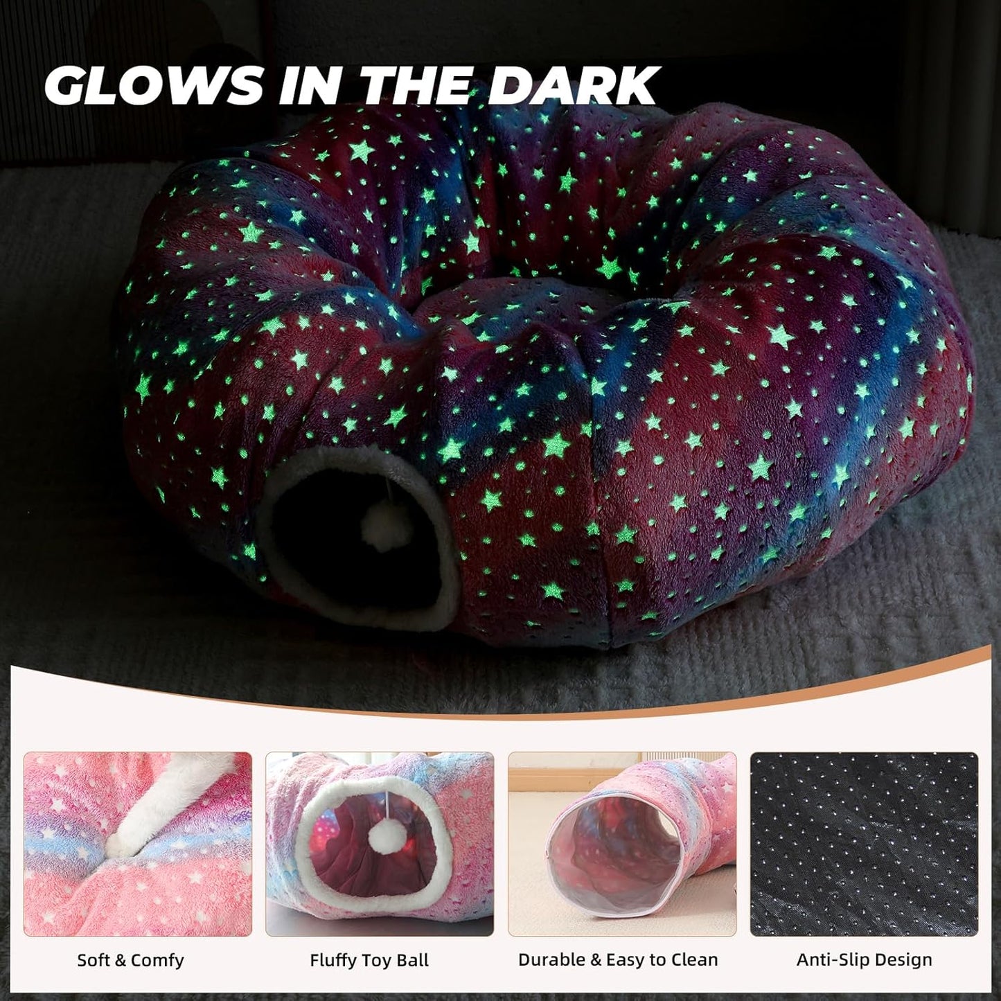 Large Cat Tunnels Bed Tube for Indoor Cats Glows in The Dark Cat Tunnel with Cushion and Plush Ball Toy Longer Playground Toys for Dog Puppy Kitten Rabbit Bunnies Ferret Pet Rainbow