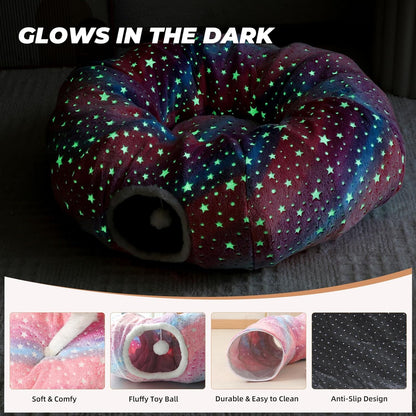 Large Cat Tunnels Bed Tube for Indoor Cats Glows in The Dark Cat Tunnel with Cushion and Plush Ball Toy Longer Playground Toys for Dog Puppy Kitten Rabbit Bunnies Ferret Pet Rainbow