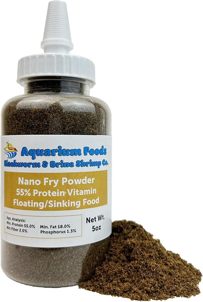 Aquatic Foods Inc. Nano Fry Powder, 55% Protein Vitamin Rich Floating/Slow Sinking Powdered Fry Growth Food for All Tropical Fish, Baby Cichlids, Bettas, Tetras, Guppies…5oz Squeeze Bottle