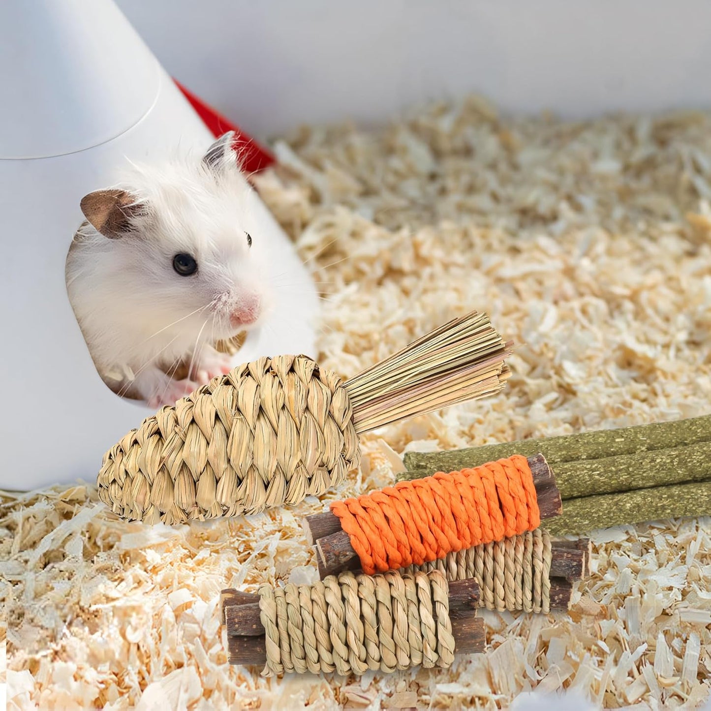 Rabbit Toys 33Pcs, Natural Hay Hamster Chew Toys for Teeth, Handmade Dried Sweet Teething Grass Sticks Watercress Carrot for Chinchillas Bunny Small Animals