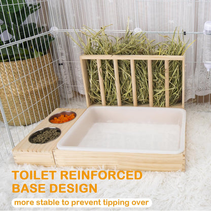 3 in 1 Rabbit Hay Feeder with Litter Box,Wooden Hay Feeder with 2 Bowls & Litter Box for Guinea Pig Chinchilla Bunny Other Small Animals,Large Capacity & Preventing Waste
