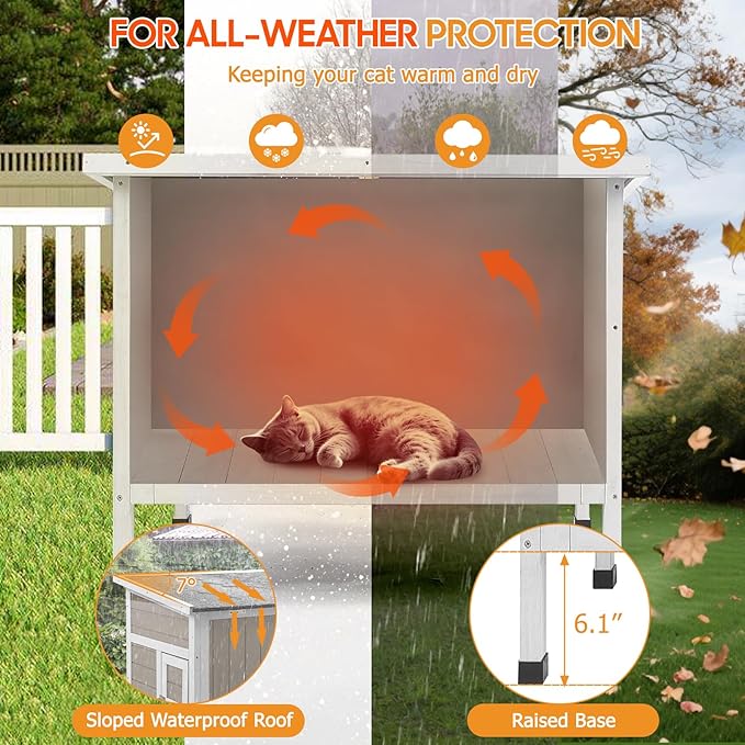 PetsCosset Insulated Cat House Outdoor Weatherproof Feral Cat Shelter for Winter, All-Round Foam Insulation Wooden Pet House for Outdoor Cat with Raised Base, Openable Roof (30.7"L x 21.7"W x 25.6"H)