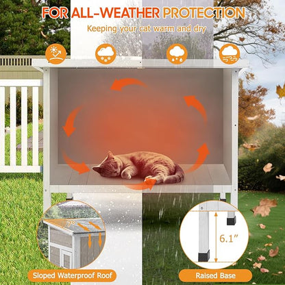 PetsCosset Insulated Cat House Outdoor Weatherproof Feral Cat Shelter for Winter, All-Round Foam Insulation Wooden Pet House for Outdoor Cat with Raised Base, Openable Roof (30.7"L x 21.7"W x 25.6"H)