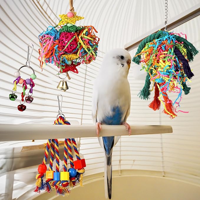 Lyellfe 7 Pieces Bird Chewing Toys, Bird Toys for Parakeets, Colorful Wood Parrot Foraging Shredder Toy Swing Hanging for Cockatiels, Budgerigar, Conures, Finches