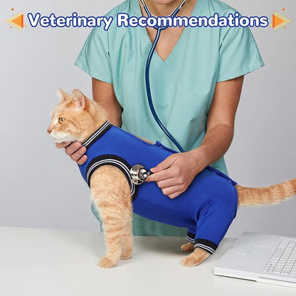 PUMYPOREITY Cat Recovery Suit for Hind Legs, Cat Surgical Spay Suit with Leg Sleeves to Stop Licking, Long Rear Sleeve Wound Cover Abdomen Kitten Onesie, Blue, M