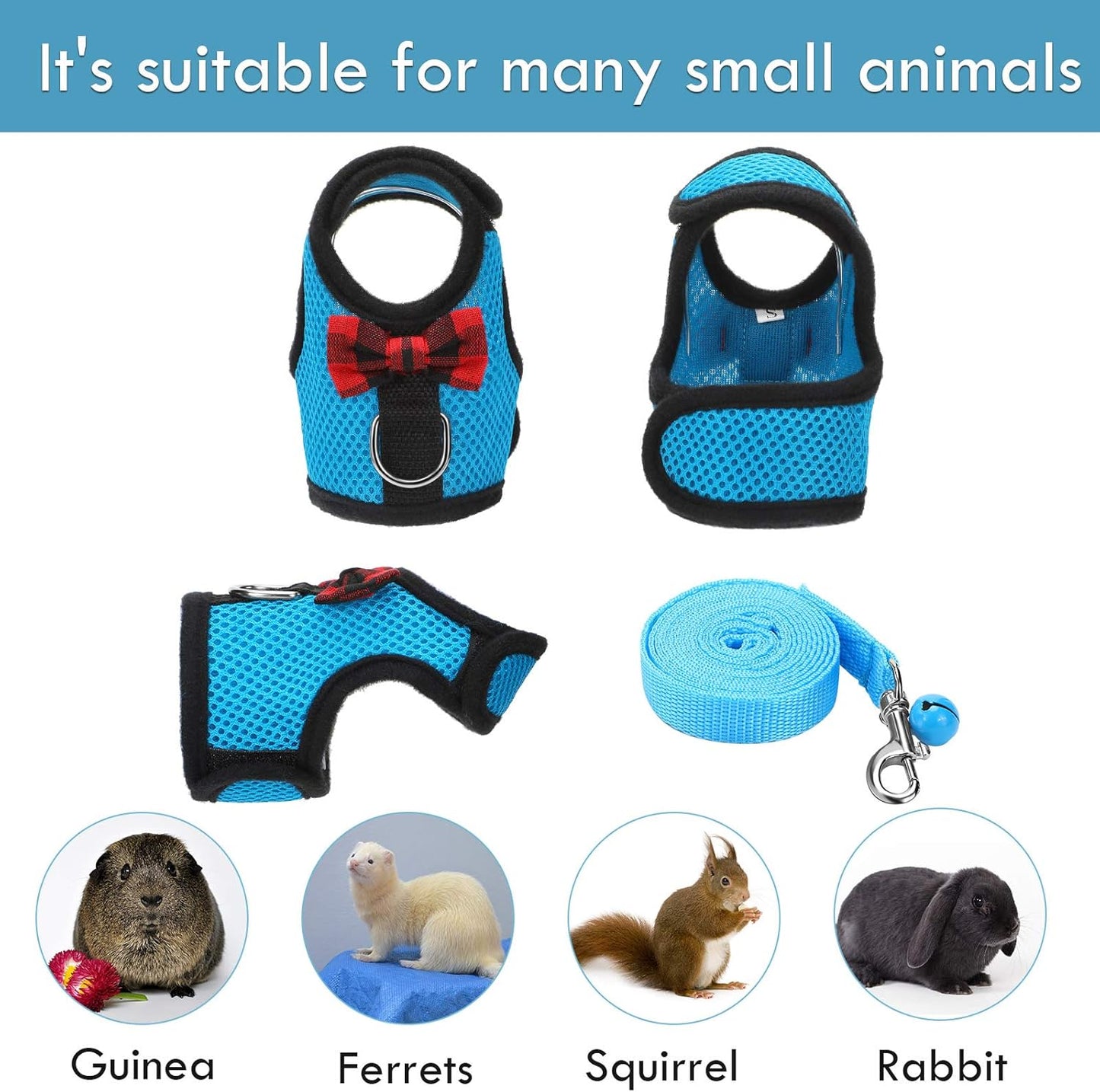 SATINIOR 2 Pieces Guinea Pig Bunny Harness Soft Mesh Hamster Rat Leash with Safe Bell, Ferret Pig Clothes and Leash Set for Hamster Ferrets Rats Bunny Guinea Chinchilla Teacup Chihuahua(M,Blue, Black)