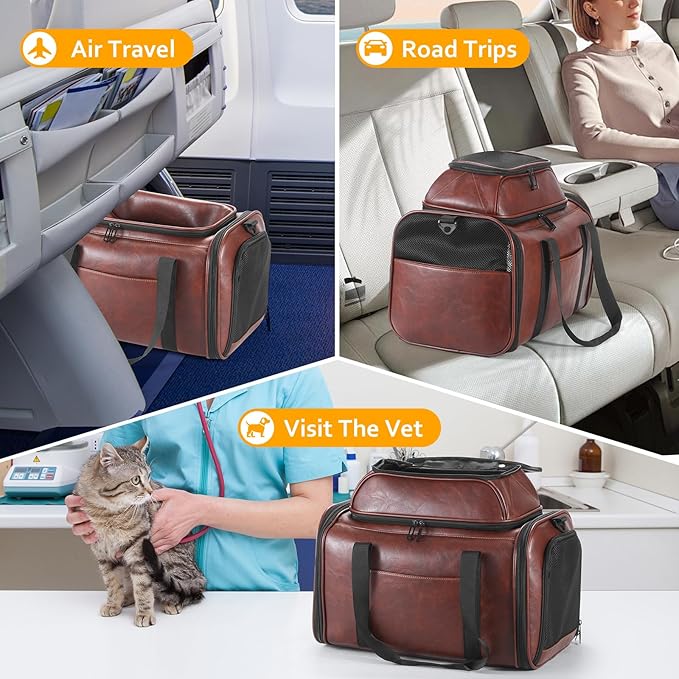 Premium Leather Top Expandable Pet Carrier for Small Dogs & Cats Under 15 lbs, Airline Approved Collapsible Soft-Sided Luxury Travel Bag Coffee