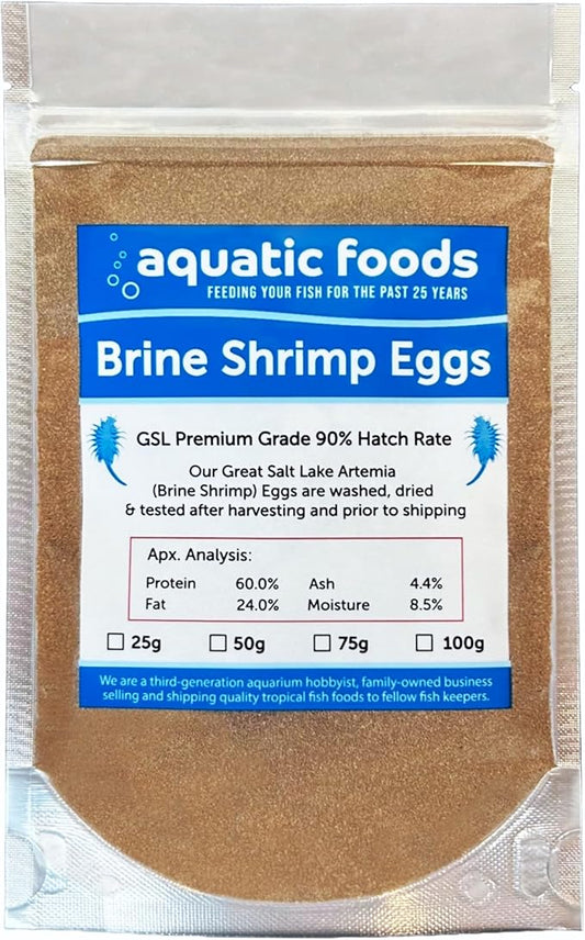 Aquatic Foods Inc. Brine Shrimp Eggs Premium Grade 90% Hatch Rate, Great Salt Lake Artemia Brine Shrimp Eggs. - 25 Grams - .88oz