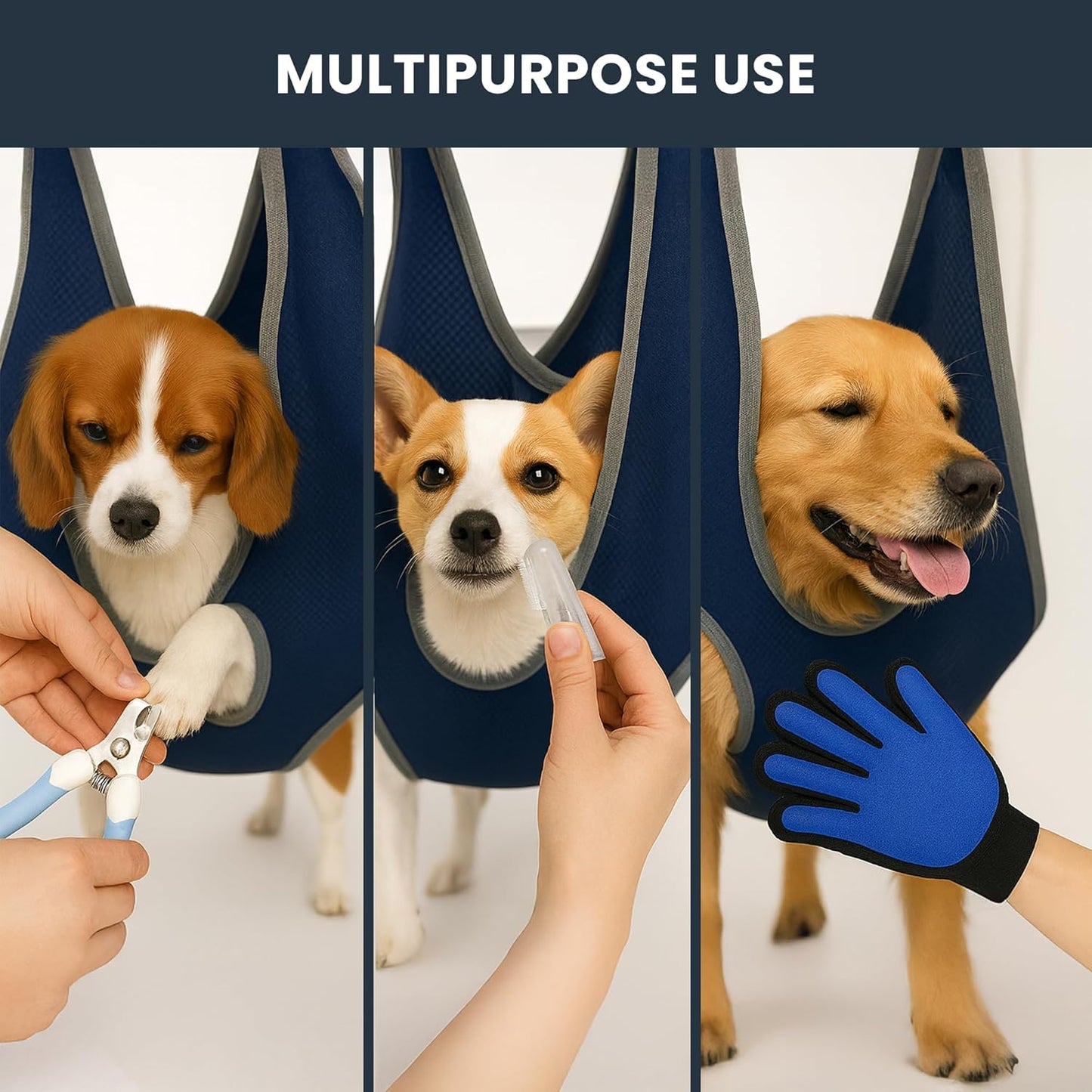 Pet Grooming Hammock Kit for Dogs & Cats, Includes Hammock Harness, Nail Clippers, Nail File, Grooming Glove, Dematting Comb, S-Hooks, Carabiners & Storage Bag for Easy Home Grooming Medium (86×52) cm