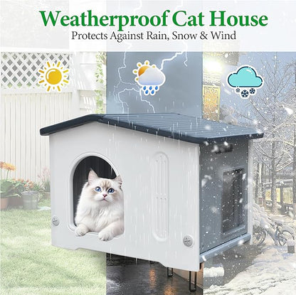 Outdoor Cat House with Insulated Liner, Weatherpoof Plastic Insulated Cats Houses with Escape Door Indoor Waterproof Feral/Pet Cat Shelter Outside for Puppy, Rabbit for Winter