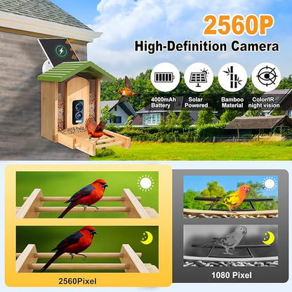 Smart Bird Feeder with Camera,Premium Bamboo Wood–2.5K UHD AI-Powered Recognition, Solar Powered & Waterproof Outdoor Wireless Design, Auto-Detects 12K Species–Ideal Gift for Bird Watching